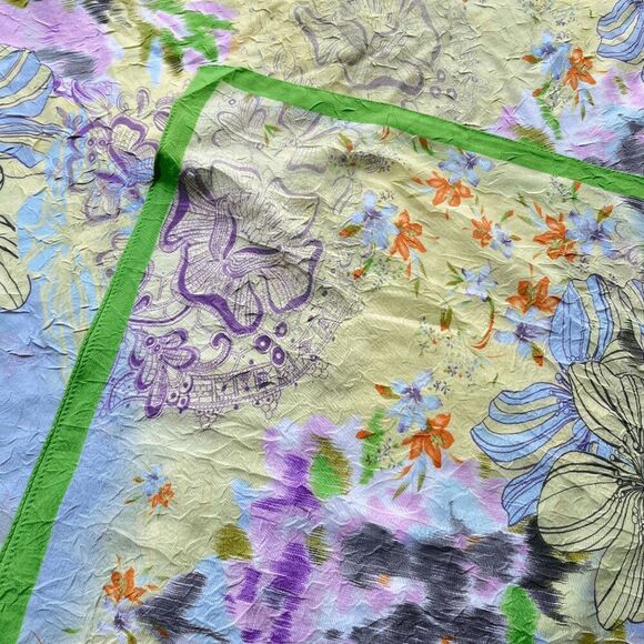 Pastel Floral Crinkle Texture Oblong Scarf with Lime Border – 22"x69" - Picture 9 of 9